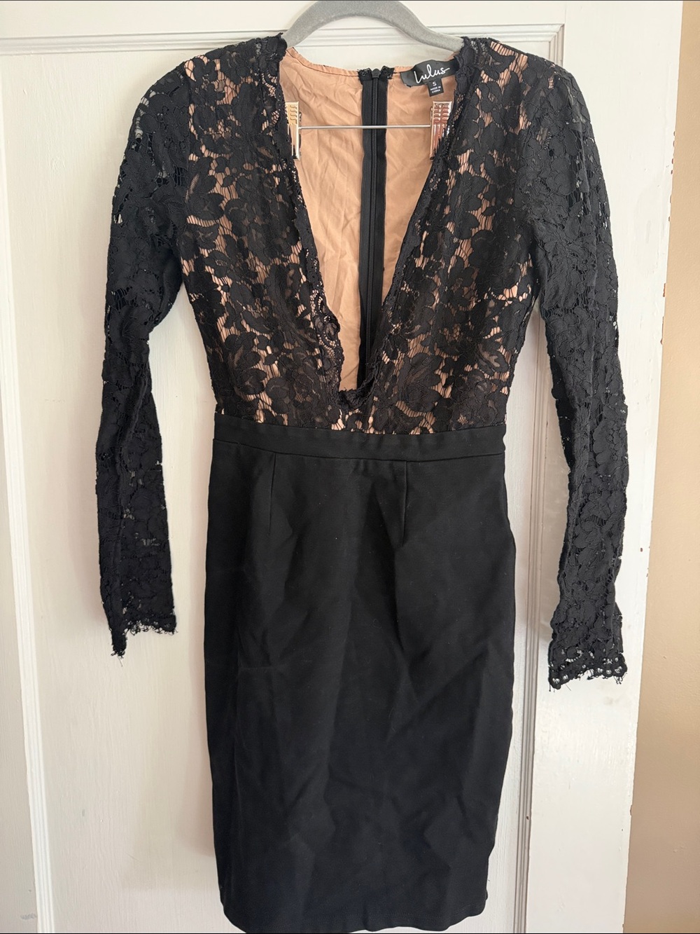 Lulu's Black Lace with Nude Lining Long-Sleeve Sheath Dress